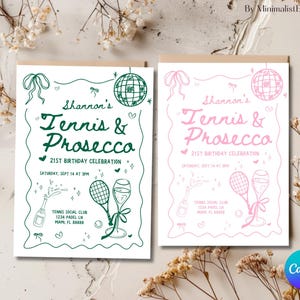 Tennis & Prosecco Birthday Party Invitation Editable Canva Template |  30th, 40th, 50th, 60th Birthday | Digital Download | Hand Drawn