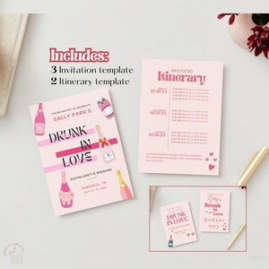 Dronken in liefde Bachelorette Weekend Party Uitnodiging Reisplan | Bewerkbare Canva-sjabloon | Minimalistische afdrukbare DIY-kaarten op maat