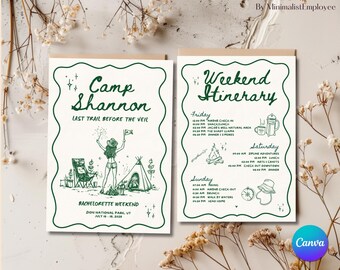 Camp Bachelorette Invitation: Weekend Itinerary, Customizable Canva Template