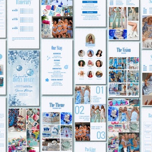 May include: A blue and white themed bachelorette party itinerary with a list of activities, a vision board, and a packing list. The theme is "She found her Honey Honey!" and the event is taking place in July.