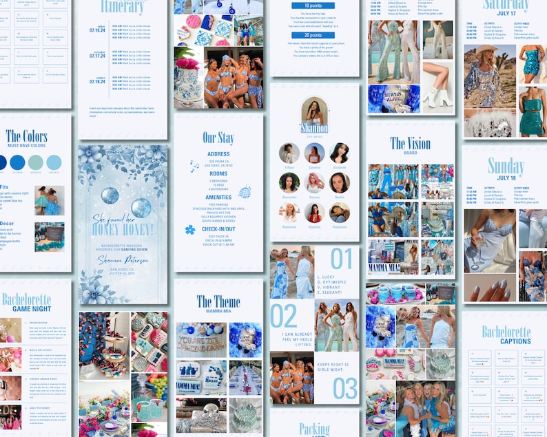 May include: A blue and white themed bachelorette party itinerary with a list of activities, a vision board, and a packing list. The theme is "She found her Honey Honey!" and the event is taking place in July.