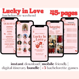 45+ Page Lucky In Love Bachelorette Weekend Digital Itinerary | Editable Canva Template | Mobile Friendly | Las Vegas Bachelorette