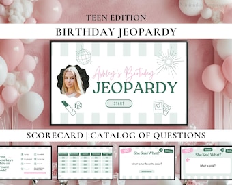 Könnte beinhalten: Ein digitales Geburtstags-Jeopardy-Spiel für Teenager mit weißem Bildschirm und hellgrünen Streifen, einem Foto, einem Startknopf sowie Symbolen für Discokugel, Lippenstift und Fotos. Text: Teen Edition, Birthday Jeopardy, Start.