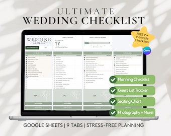 May include: A laptop displaying a wedding checklist template. The screen shows a detailed planning guide with sections for tasks and due dates. Text includes "Ultimate Wedding Checklist," "Planning Checklist," and "Guest List Tracker."