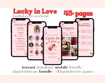 45+ Page Lucky In Love Bachelorette Weekend Digital Itinerary | Editable Canva Template | Mobile Friendly | Las Vegas Bachelorette