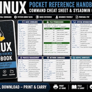 May include: A black spiral-bound Linux Pocket Reference Handbook with a penguin logo. The cover displays the title and subtitle, along with icons. The handbook includes command cheat sheets and a sysadmin guide, with sections on commands, file permissions, and system information.