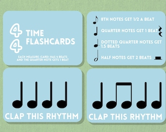 May include: Four light blue flashcards with musical notation. One card reads "4 Time Flashcards" and explains beats. Other cards show note values and the phrase "Clap This Rhythm" with musical notes.