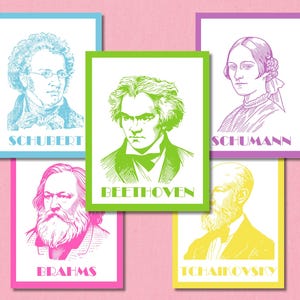 May include: A set of five colorful cards featuring portraits of famous composers. Each card has a different color background and features a black and white illustration of a composer. The composers featured are Schubert, Beethoven, Schumann, Brahms, and Tchaikovsky.