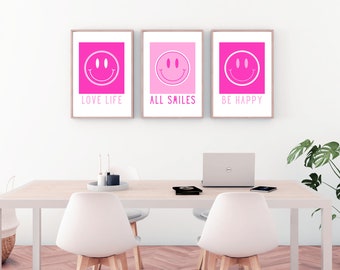 All Smiles digital print set of 3 neon wall art smiley face prints