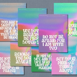 May include: A set of 10 colorful posters with inspirational quotes in a modern, bold font. The quotes are about faith, hope, love, and joy. The posters have a grainy, textured background.