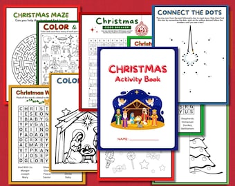 May include: A stack of Christmas activity books and pages with mazes, coloring pages, word searches, and connect-the-dot activities. The cover of the main book features a nativity scene with the text "Christmas Activity Book".