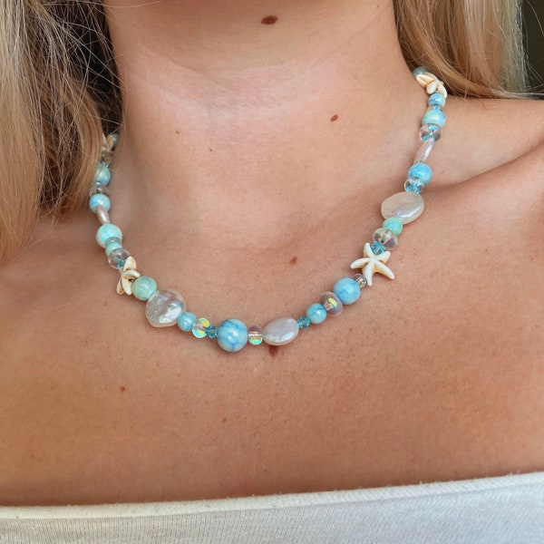 Alana- blue mermaid Pearl and shell beaded necklace