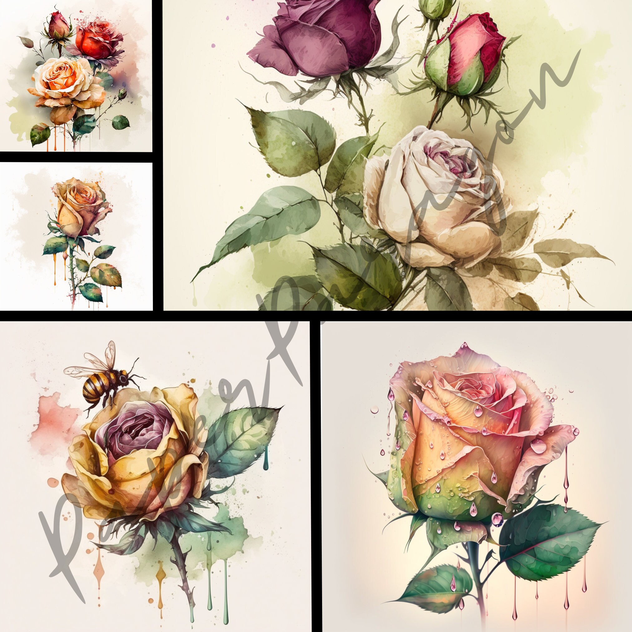 Premium Rose Watercolor Clipart Bundle - Floral Pngs, High-res Flower ...