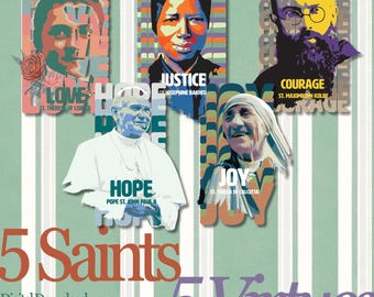 Catholic Saint Pop Art Print Bundle Instant Download Catholic Art for Teen Religious Classroom Wall Decor for Homeschool Virtue Poster Set
