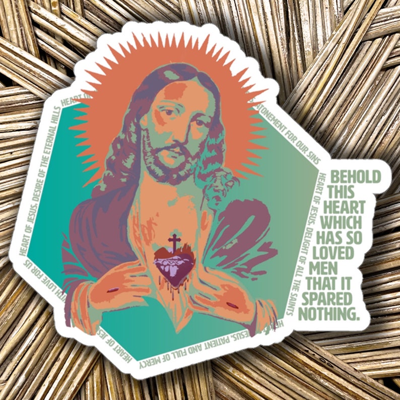 Catholic Sticker Sacred Heart of Jesus Vinyl Decal for Water Bottle Pop Art Catholic Gift for Confirmation Sticker for Travel Decal for Teen image 1