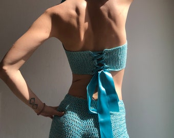 crochet set, top pants set, corset pants set, blue set, set