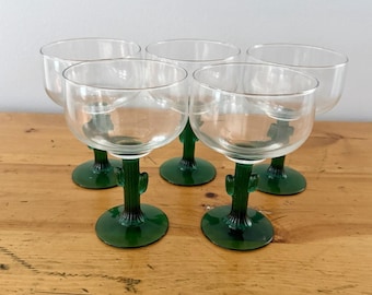 Juego de 5 copas de margarita vintage Libbey Cactus con tallo verde, estilo suroeste.