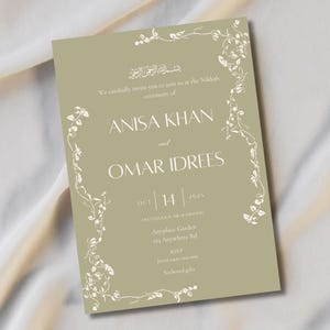 Green Floral Vine Wedding Invitation, Engagement Bridal Shower A5 Card, Muslim Islamic Marriage Invite, Minimal Simple Editable Template