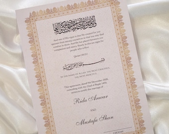 Certificado Nikkah de lujo en oro moderno, certificado de matrimonio, certificado de boda islámico, tradicional, árabe, contrato Nikkah, Nikkah Nama