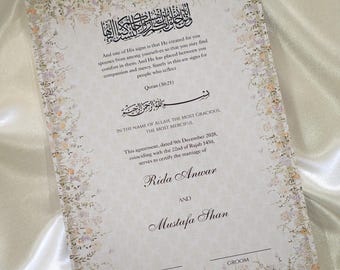 Certificado Nikkah Floral / Certificado de Matrimonio Musulmán / Certificado de Boda Islámica / Lujo / Árabe / Contrato Nikkah / Nikkah Nama