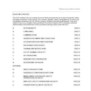 Peut inclure: Un document noir et blanc intitulé "Prévention des blessures et des maladies au travail" présentant une liste de directives pour les procédures de sécurité, notamment la responsabilité, la conformité, la communication, l'évaluation des risques, les enquêtes sur les accidents, la formation, la tenue de registres et l'orientation des nouveaux employés. Le document comprend également une annexe avec des formulaires pour les audits d'inspection, les rapports de conditions dangereuses et les listes de contrôle d'orientation à la sécurité.