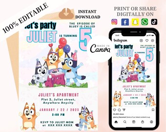 Bluey verjaardagsuitnodiging sjabloon, blauwe hond bewerkbare verjaardagsuitnodiging, Bluey verjaardagsuitnodiging, sjabloon instant download, meisje jongen IV