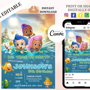 Bubble Guppies födelsedagsinbjudan, Guppies utskrivbar inbjudan, redigerbar festinbjudningsmall, pojke flicka födelsedag, första andra tredje födelsedag