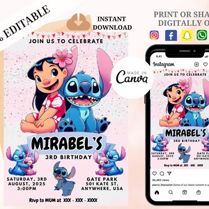 Stitch Editable Birthday Invitation, Printable Kids Birthday Party Invitations, Digital Kids Party Invite, Lilo and Stitch B&#39;day Invitation