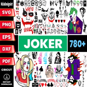 May include: A digital art collection featuring various Joker-themed designs. The image includes illustrations of the Joker's face, quotes like "Why So Serious?", and playing card suits. The word "JOKER" is prominently displayed, along with "780+" and file type options.