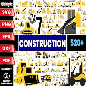 Könnte beinhalten: Ein digitaler Download von über 520 Clipart-Bildern von Baufahrzeugen. Die Bilder sind in Schwarz, Gelb und Grau. Die Bilder umfassen eine Vielzahl von Baufahrzeugen, wie z. B. Bulldozer, Bagger, Kräne und Kipplaster. Der Text "I'm 7" befindet sich in der Mitte des Bildes.