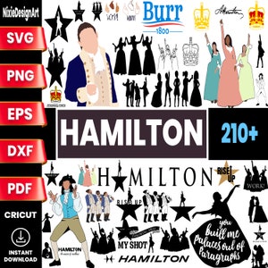 May include: A digital download of 210+ SVG, PNG, EPS, DXF, and PDF files featuring black and white illustrations of characters and scenes from the musical Hamilton. The title "Hamilton" is written in large white letters on a black background. The text "Rise Up" and "Work!" are also included in the image.