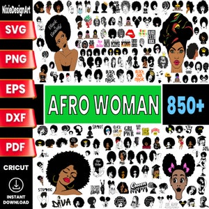Afro Frau SVG, Afro Königin SVG, Afro Mädchen SVG, Afro Lady, lockiges Haar, schwarze Frau, für Cricut, für Silhouette, Schnittdateien, Dxf, Png, Eps, Pdf