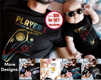 Our First Fathers Day-Daddy and me Shirt-Personalized daddy & baby-Game Shirt-Fathers Day Shirt-Old School New School Set-Father's Day Gift