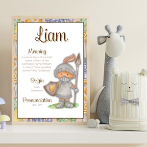 Cuadro nombre Liam con significado y origen para imprimir, arte de pared infantil con nombre, regalo recién nacido con nombre personalizado