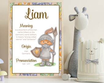 Peinture de nom de Liam avec signification et origine à imprimer, art mural pour enfants avec nom, cadeau de nouveau-né avec nom personnalisé