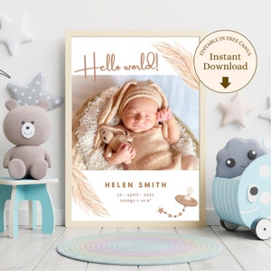 Editable digital template for boho baby birth, birth announcement sheet with pampas flowers editable with canva