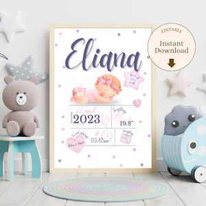 Modello digitale modificabile per la nascita di una bambina con acquerello rosa e viola, foglio di nascita A4 scaricabile e stampabile su Canva