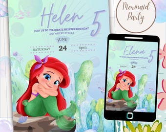 Little Mermaid Digital Birthday Invitation in English and Spanish, Little Mermaid Party Decorations, Mermaid Digital Invitation