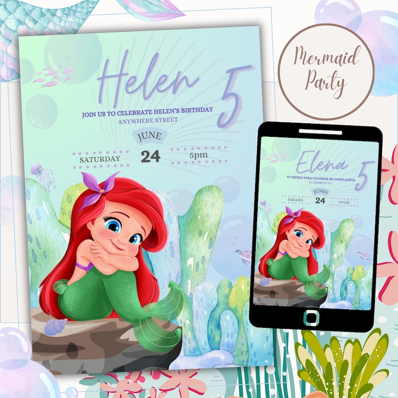 May include: A mermaid-themed birthday invitation with a cartoon mermaid character. The invitation is for a girl named Helen turning five. The invitation is decorated with a blue, green, and purple watercolor background with bubbles and seaweed.