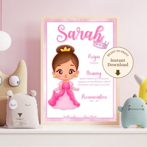 Lámina arte de pared con significado de nombre Sarah, póster de significado de nombre niña color rosa para habitación infantil o regalo bebé