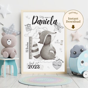 Plantilla digital editable de natalicio de mapache bebe acuarela gris y negro, lamina de nacimiento A4 descargable e imprimible canva
