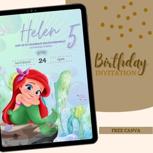 May include: A digital invitation for a 5th birthday party featuring a cartoon illustration of Ariel, the Little Mermaid, sitting on a rock with a green tail and red hair. The invitation includes the text "Helen 5", "Join us to celebrate Helen's birthday", "Anywhere Street", "June 24", "Saturday", and "5pm".