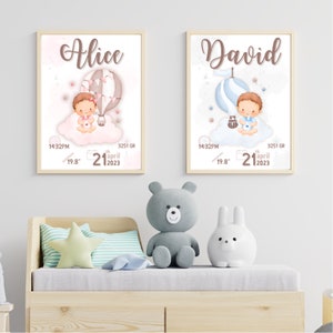 Conjunto de lámina de nacimiento para mellizos niño y niña, regalo recién nacido para mellizos, regalo personalizado con nombre de mellizos