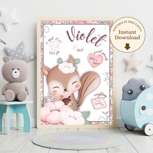 Natalicio de hermosa ardilla color rosa con flores, lámina de nacimiento para regalo recién nacido, cartel de nacimiento editable para bebé