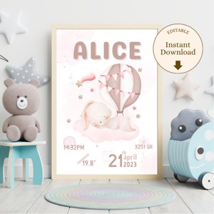Plantilla digital editable de natalicio de bebe conejo y globos, lamina de nacimiento imprimible con dibujo de conejo editable canva