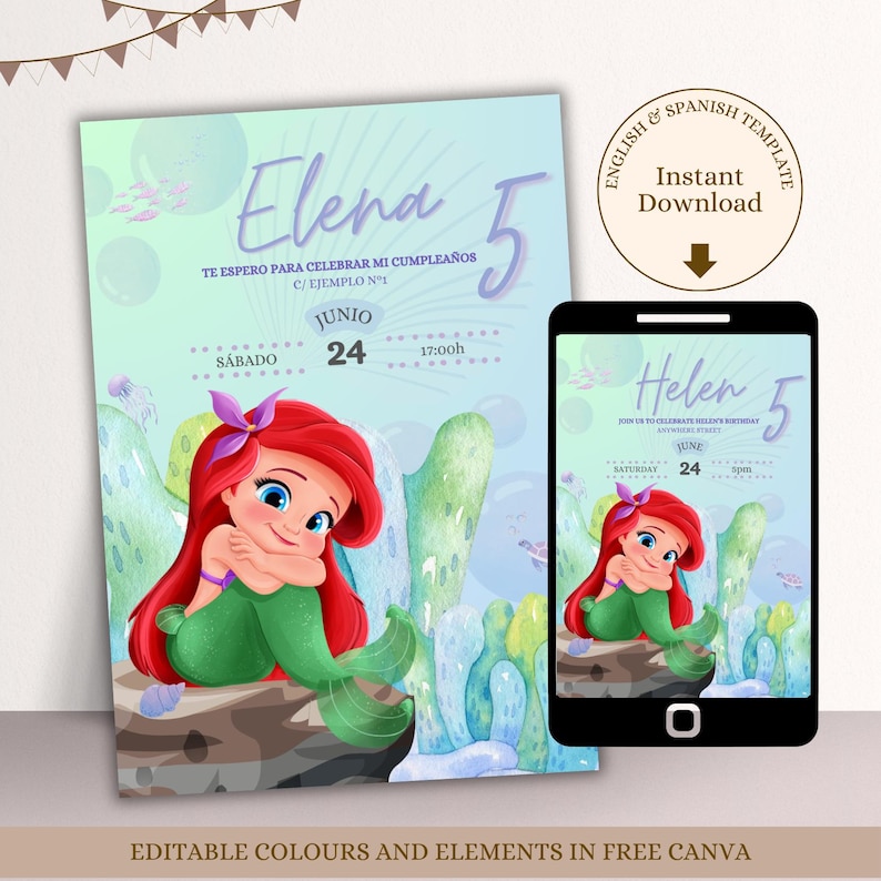 May include: A printable invitation for a 5th birthday party with a mermaid theme. The invitation features a cartoon mermaid with red hair and a green tail sitting on a rock. The text on the invitation says "Elena 5" and "Te espero para celebrar mi cumplea&ntilde;os" in Spanish. The invitation is designed to be edited in Canva.