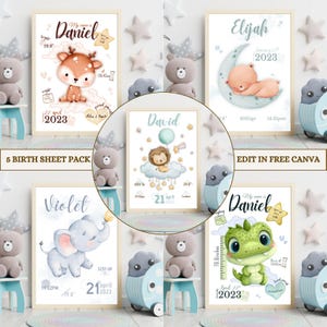 Paquete de 5 plantillas digitales de natalicio para bebé, ideas de regalo personalizado para recién nacido, diseños de láminas de nacimiento