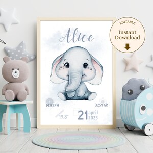 Watercolor elephant baby birthday editable digital template, editable minimalist elephant printable birth sheet canva