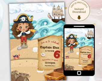 Invitation pirate pour l’anniversaire, modèle numérique d’invitation d’anniversaire pirate, invitation modifiable de fête de pirate de filles