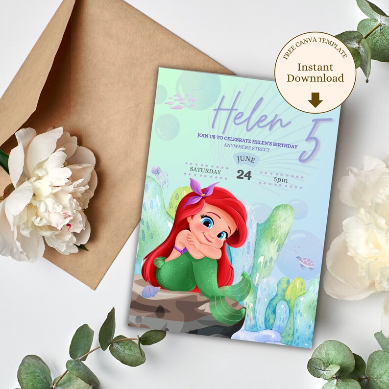 May include: A birthday invitation featuring a cartoon mermaid with red hair and a green tail. The invitation is for Helen's 5th birthday party on June 24th at 5pm. The background is a light blue with bubbles and seaweed.